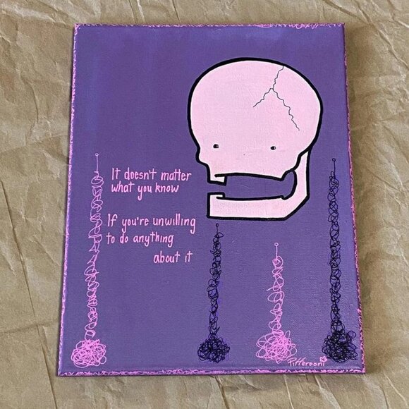 Original WHAT YOU KNOW cute skull truism poetry painting - Picture 1 of 2